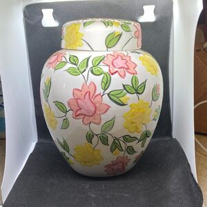Hand Painted Floral Ginger Jar w/ Lid – Cottagecore Ceramic Vase – Pink Yellow F